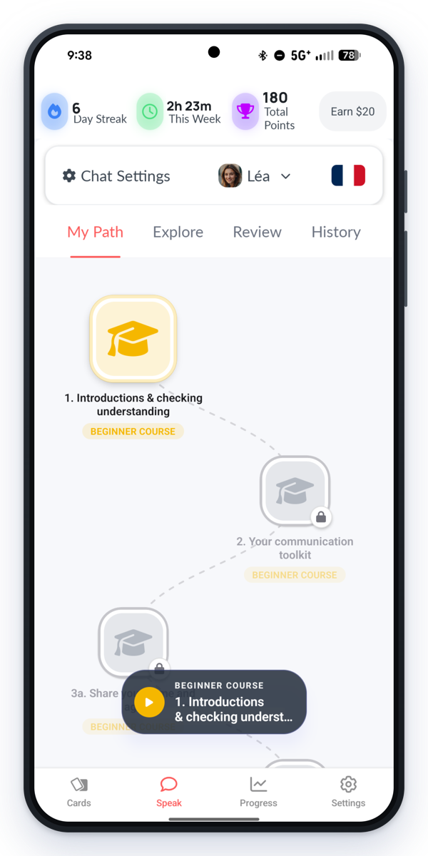 The Langua app showing a learner's course path, with a day streak and points